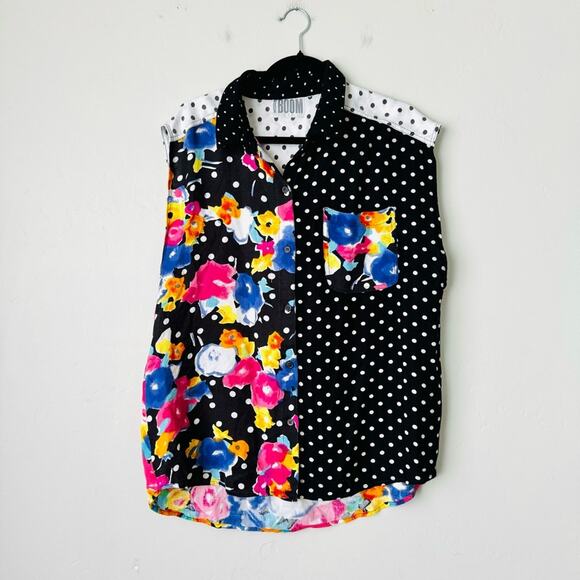 MORE BOOM polka dot floral art to wear button up vest tank woman’s XL - Picture 1 of 7